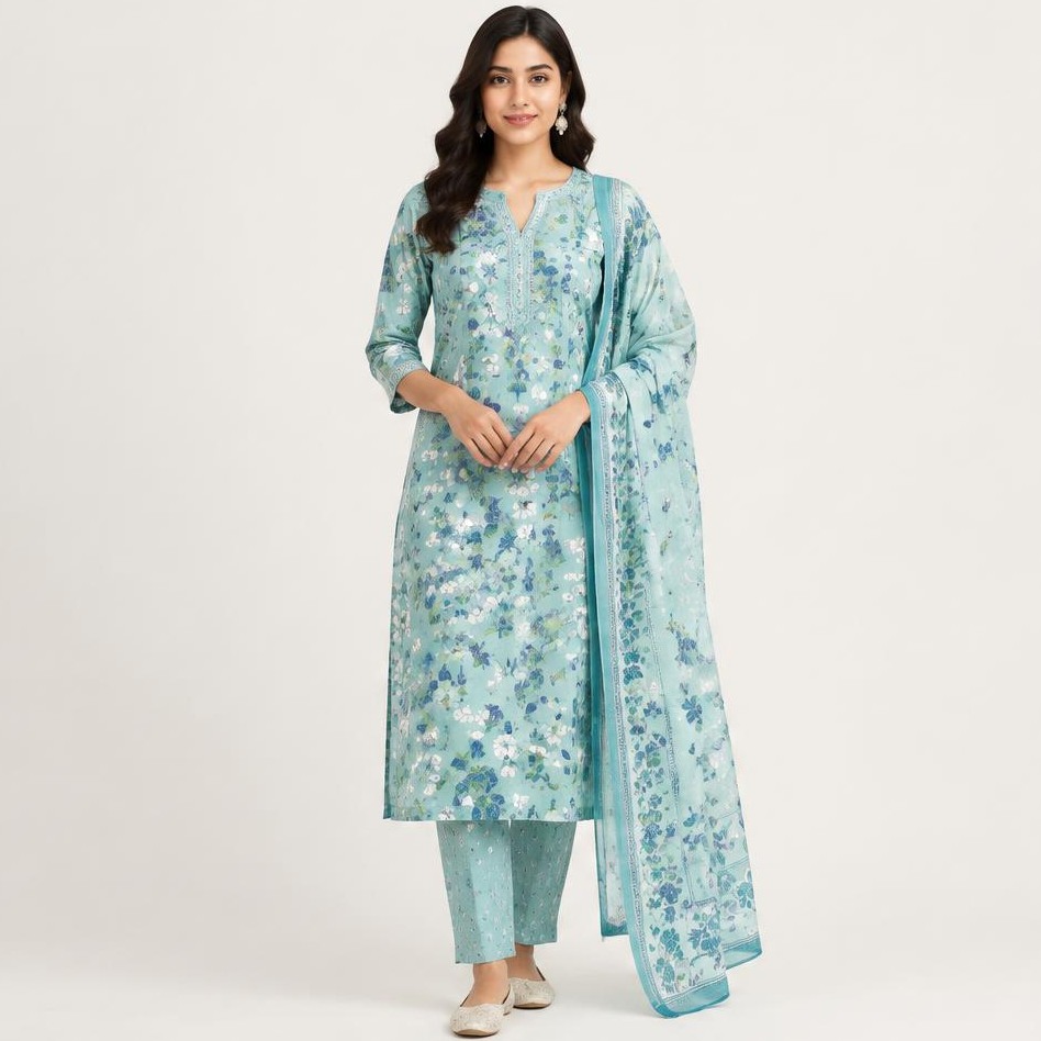Aqua Floral Three Piece