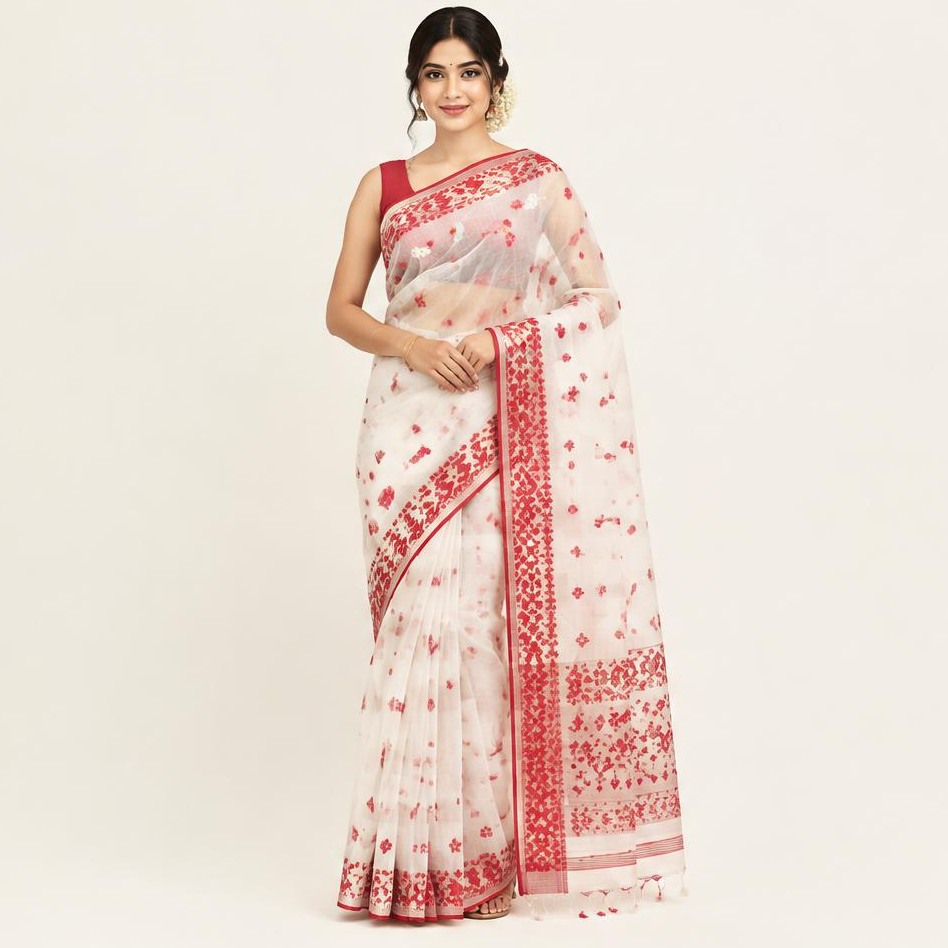 White Red Jamdani Saree