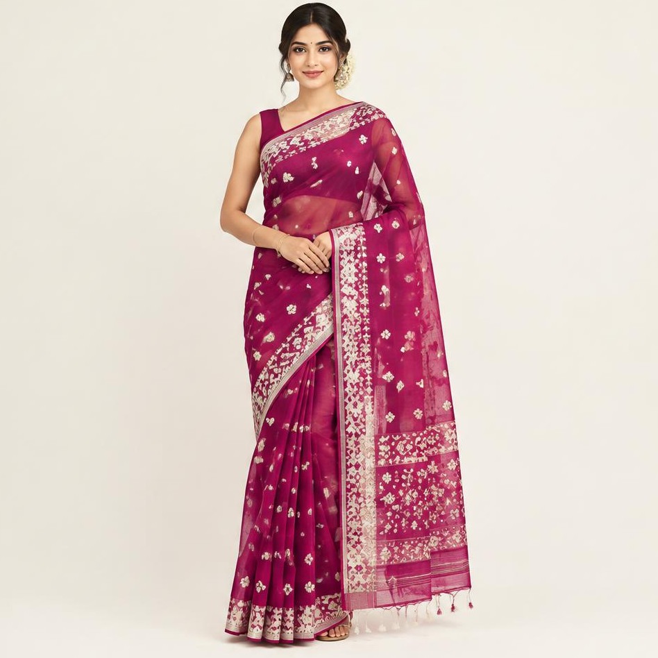 Magenta Ivory Jamdani Saree
