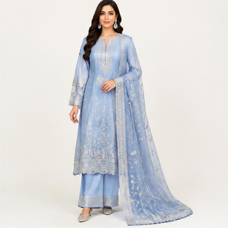 Sky Blue Festive Three Piece