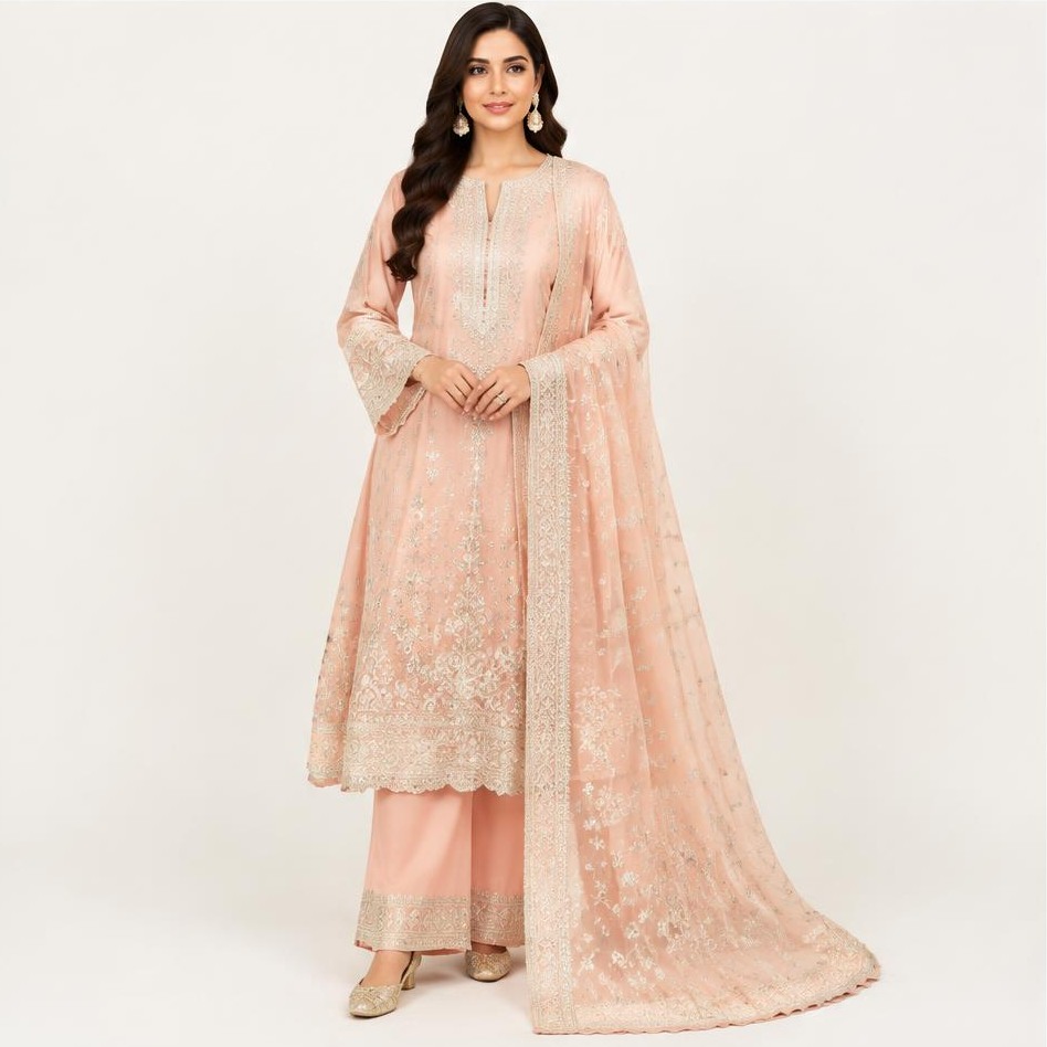 Peach Embroidered Three Piece