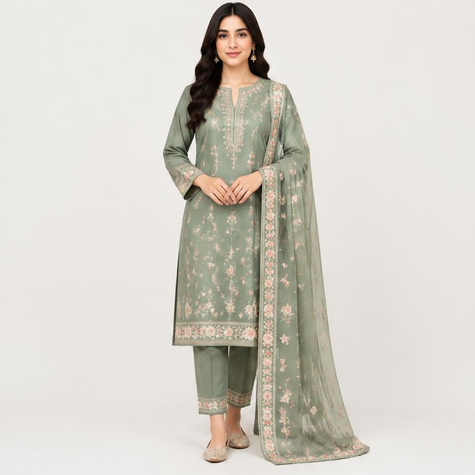 Sage Embroidered Three Piece