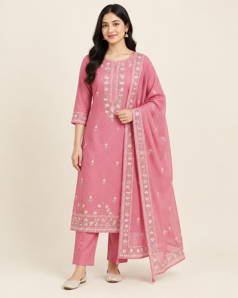 Rose Pink Embroidered Three Piece